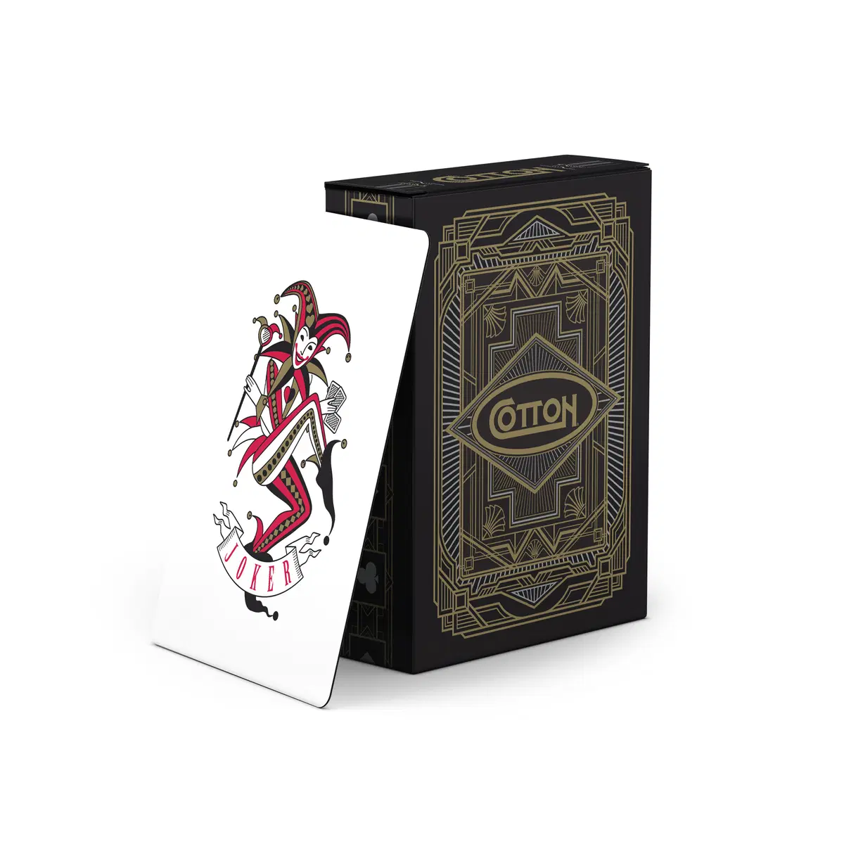 Custom Cotton-branded tuck box with art-deco face cards